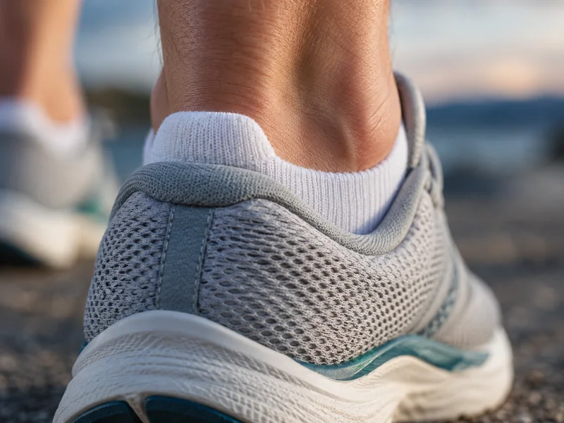 Close-up of the back of a running shoe showing a low-cut sock with a raised heel tab sitting above the padded collar
