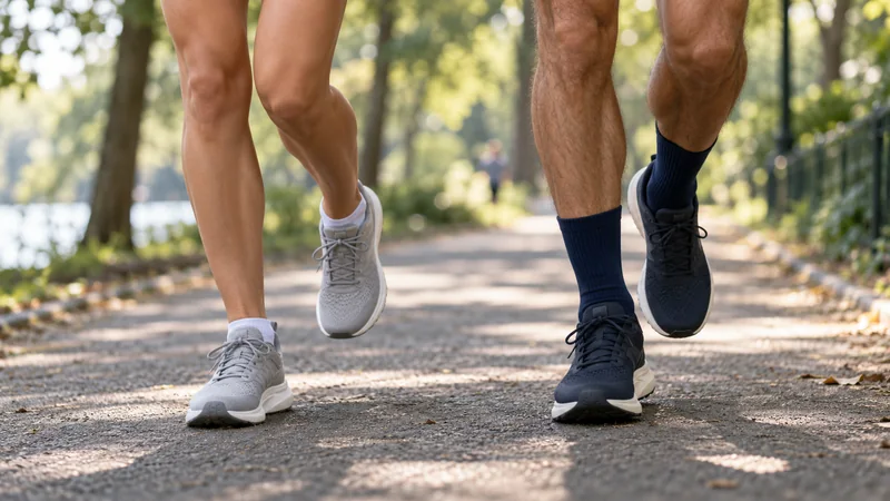 Two runners side by side on a park path, one wearing ankle running socks and one wearing crew running socks