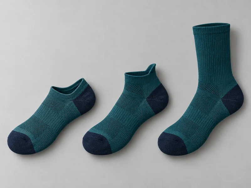Low-cut, ankle-tab and crew running socks in matching colours laid out in a row on a light surface