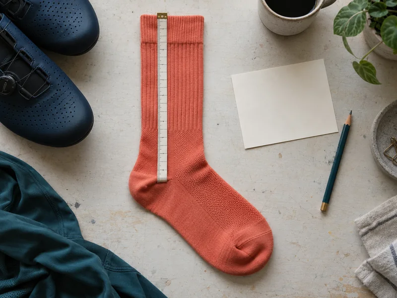 Tape measure laid along a flat cycling sock from the heel fold to the top of the cuff on a workbench