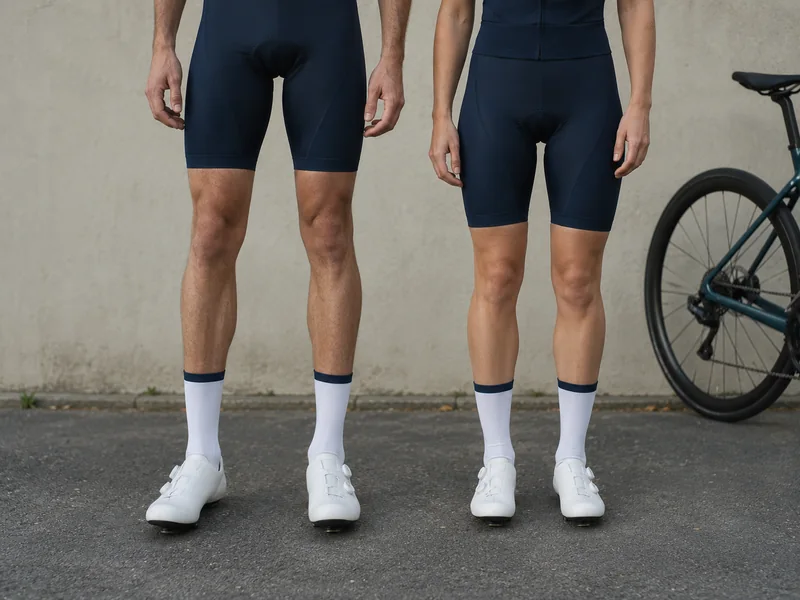 Two cyclists of different heights standing side by side in the same club socks, showing where each cuff sits on the calf