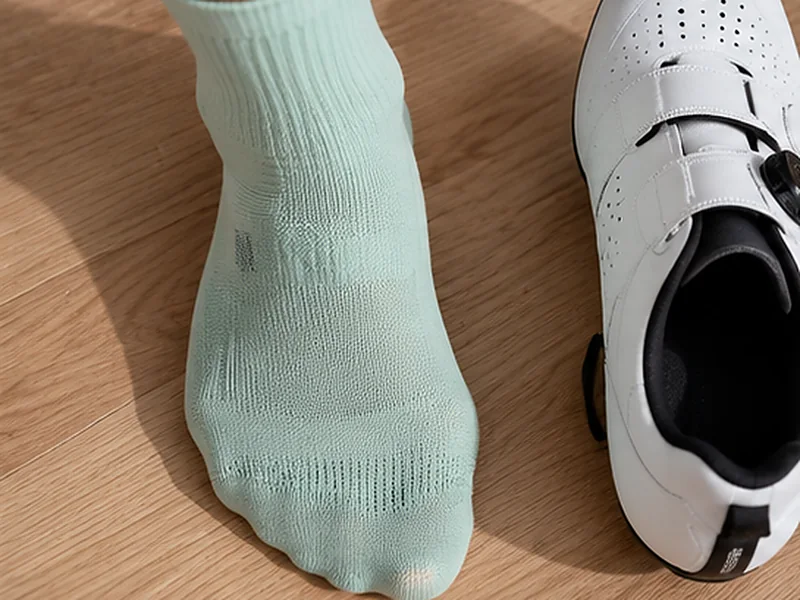 Close-up of a crew cycling sock on a broad forefoot next to an open, unbranded road cycling shoe