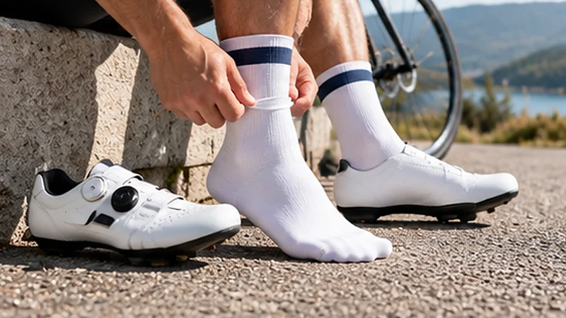 Cyclist pulling a crew cycling sock over a broad forefoot while seated beside a road bike