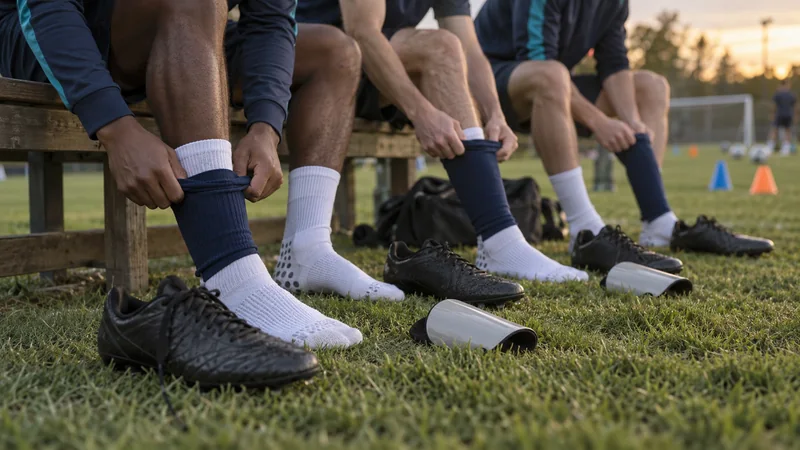 Players on a training-ground bench pulling team sleeves over white grip socks with boots and shin guards beside them