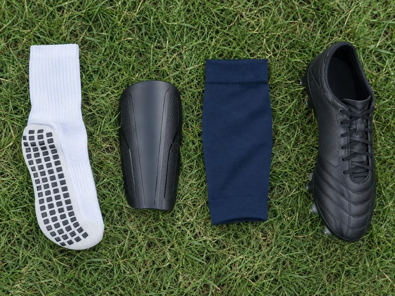 Grip sock, shin guard, footless team sleeve and an unbranded football boot laid out in wearing order on grass