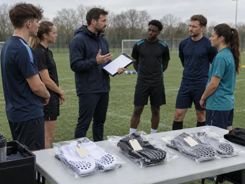Coach with a clipboard talking with youth and adult players on the touchline while sample sock pairs sit in tagged bags