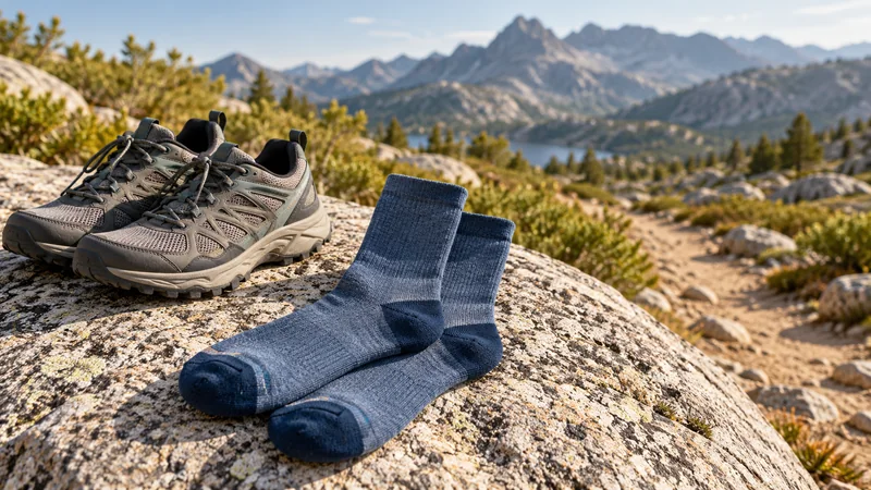 Synthetic-knit hiking socks on a sunlit rock beside lightweight trail shoes on a warm mountain trail