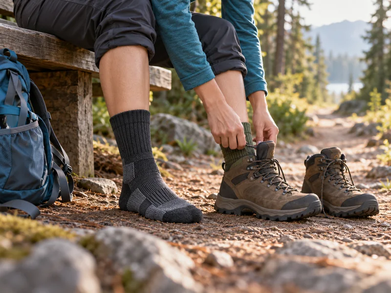 Hiker on a trailhead bench comparing two sample socks on each foot before putting on hiking boots