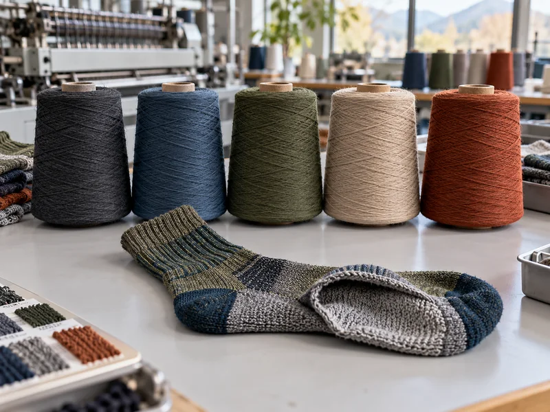 Cones of synthetic yarn in outdoor colours beside a knitted hiking sock sample on a factory sampling table