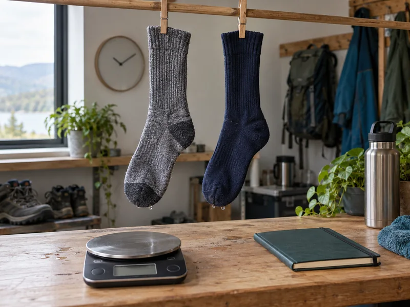 Two damp hiking socks hanging from identical clips above a small kitchen scale on a workbench