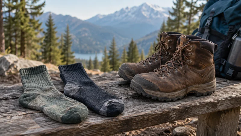 A heathered wool-look hiking sock and a smooth synthetic-look hiking sock laid beside hiking boots on a trailhead bench