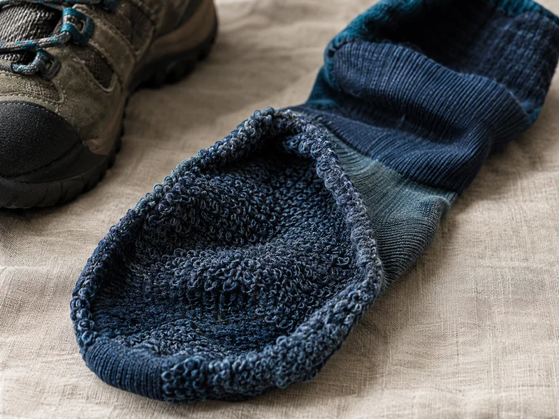 Close-up of an inside-out hiking sock showing terry cushioning loops next to a smooth flat knit