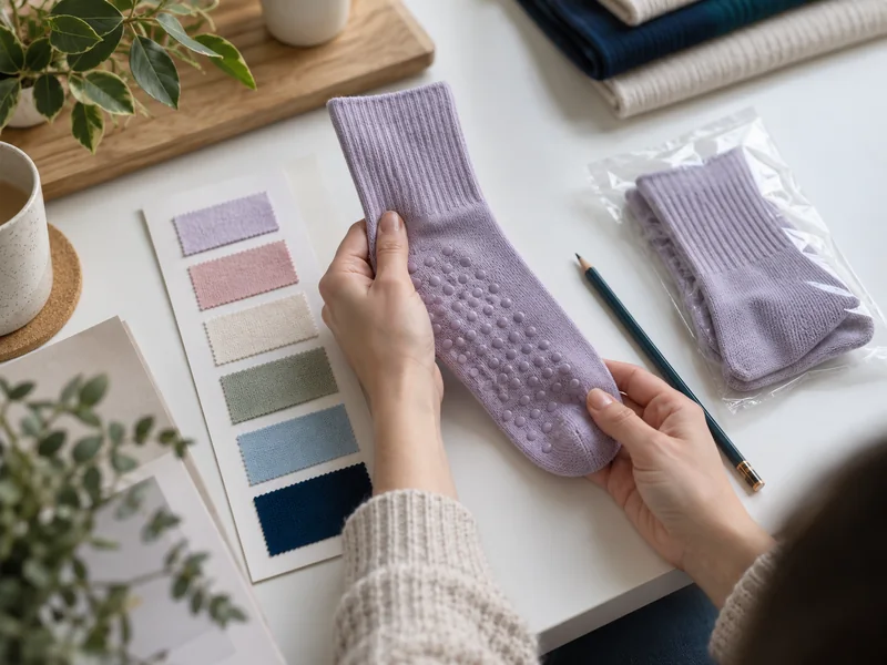 Hands comparing a grip sock sample against a colour swatch card on a studio front desk
