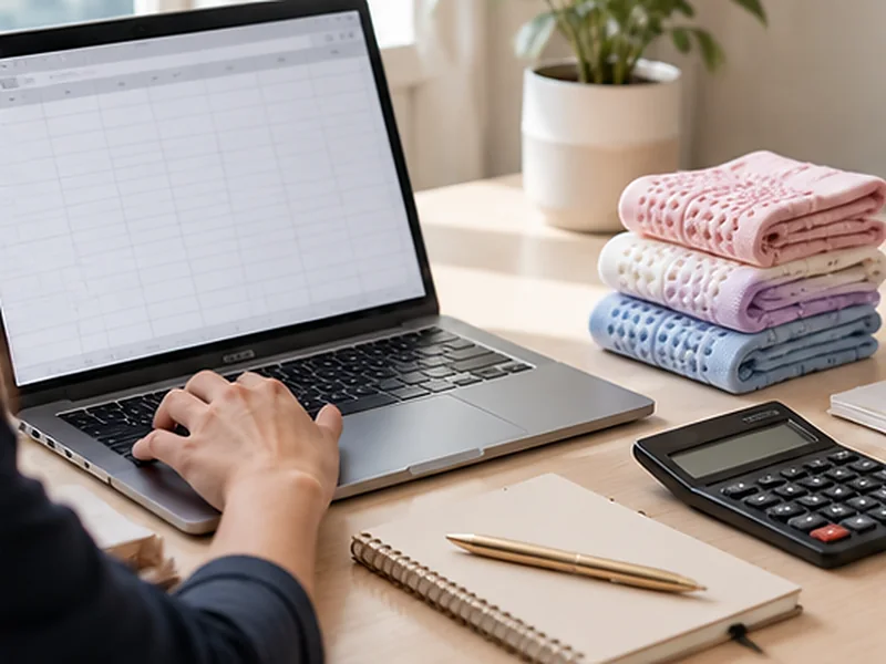 Studio owner at a desk with a blank spreadsheet on a laptop, a calculator and a small stack of grip socks