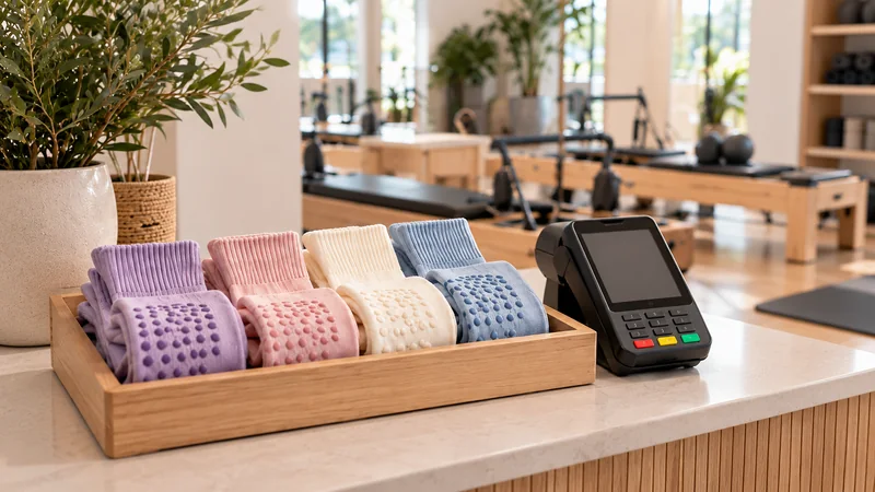 Pilates studio front desk with a small display of grip socks beside a card payment terminal