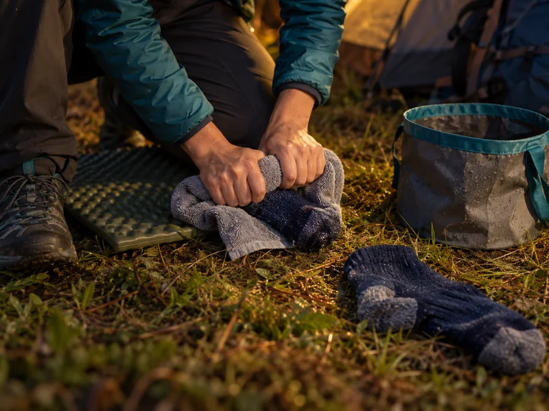 Hiker at camp rolling a wet hiking sock in a small towel to press out water before hanging it
