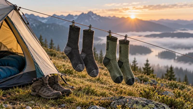 Hiking socks hanging to dry on a tent guyline at a mountain campsite in early morning light