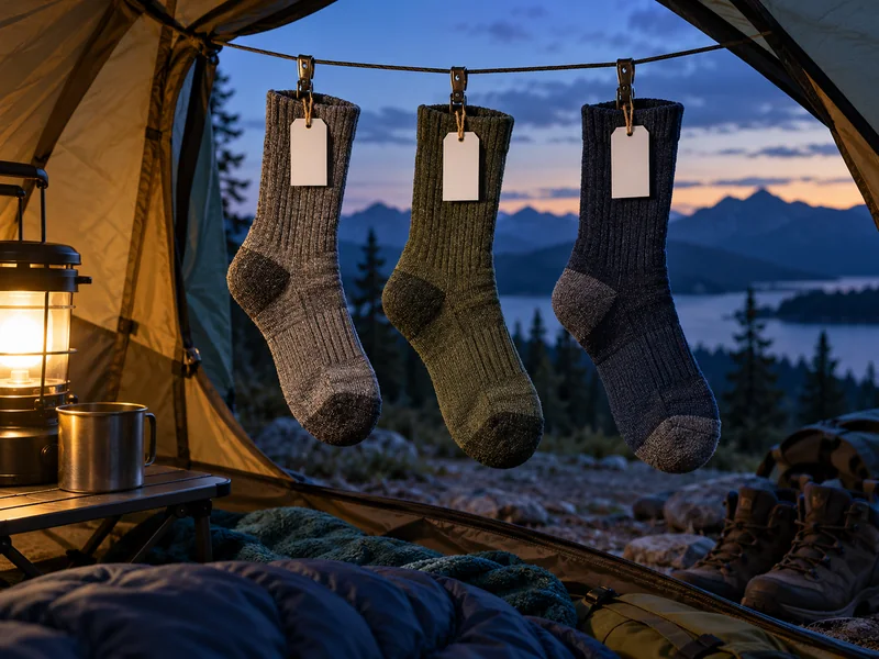 Three sample hiking socks with blank tags hanging from identical clips inside a small tent vestibule at dusk