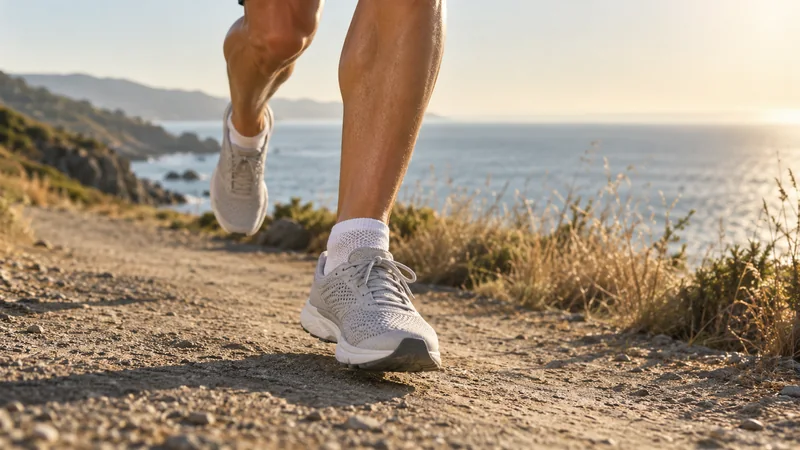Runner on a sunny coastal path wearing low-cut mesh running socks with lightweight running shoes
