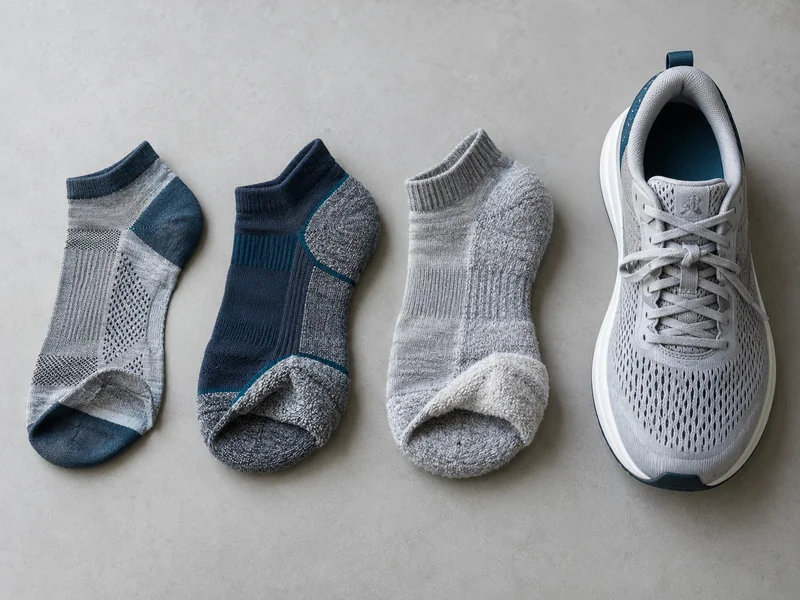 Three running socks of different thickness laid side by side next to a lightweight mesh running shoe
