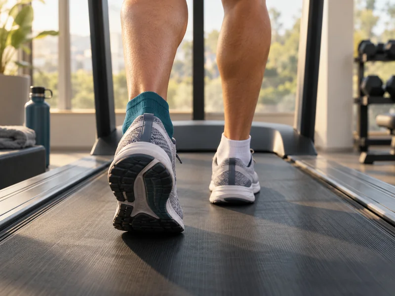 Runner on a treadmill wearing two different colour sample socks, one on each foot, for a side-by-side comparison