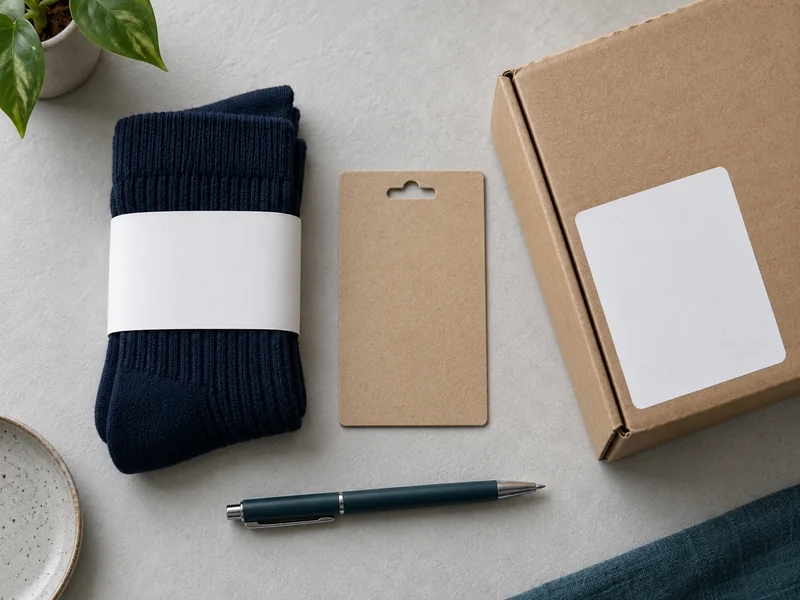 Folded socks with a blank size band, a blank header card and a blank carton label laid out together for comparison
