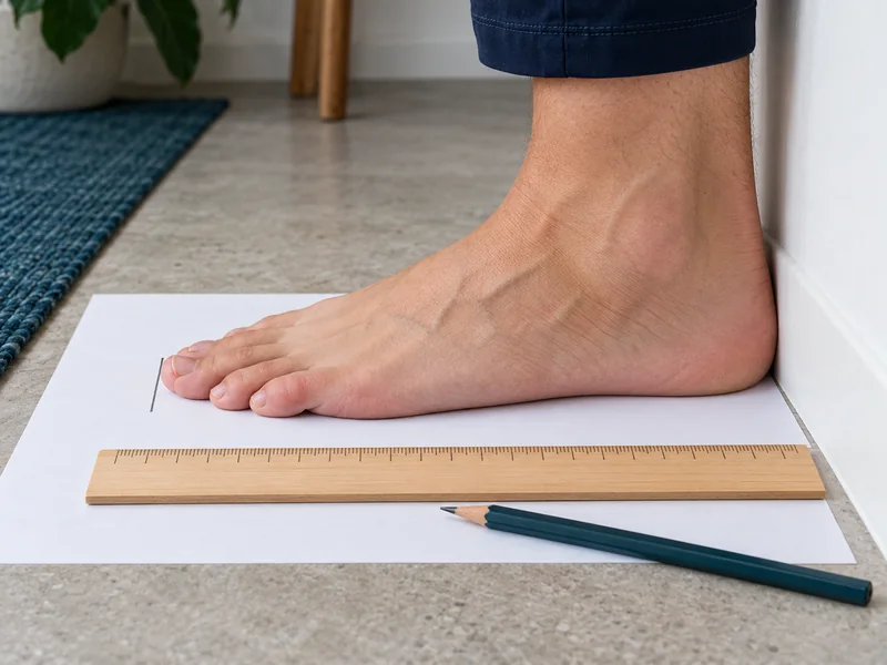 A bare foot standing on paper against a wall with a pencil mark at the longest toe and a ruler beside it