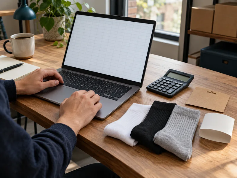 Laptop showing a blank spreadsheet grid beside folded neutral socks, a calculator and packaging samples on a desk