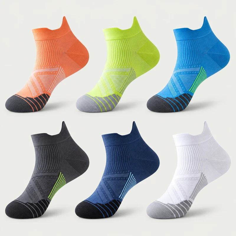 Ankle tab running socks in orange, lime, blue, charcoal, navy and white