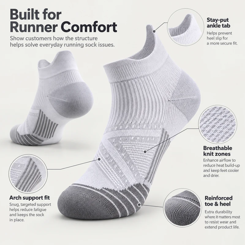 White ankle tab running socks with a guide to the heel tab, knit zones, arch structure, toe and heel