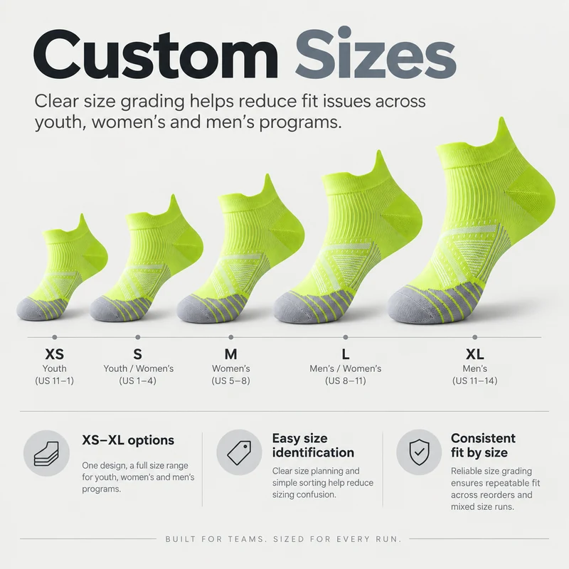 Ankle tab running sock size planning from XS to XL for youth, women and men