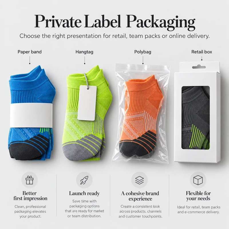 Running sock packaging examples with a paper band, hangtag, polybag and retail box