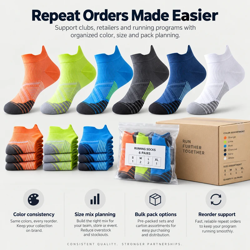 Running sock colour assortments, mixed-size packs and bulk carton planning