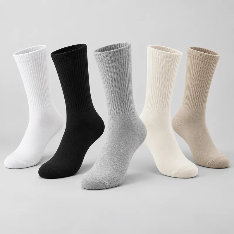 Five plain ribbed crew socks in white, black, heather grey, cream and sand