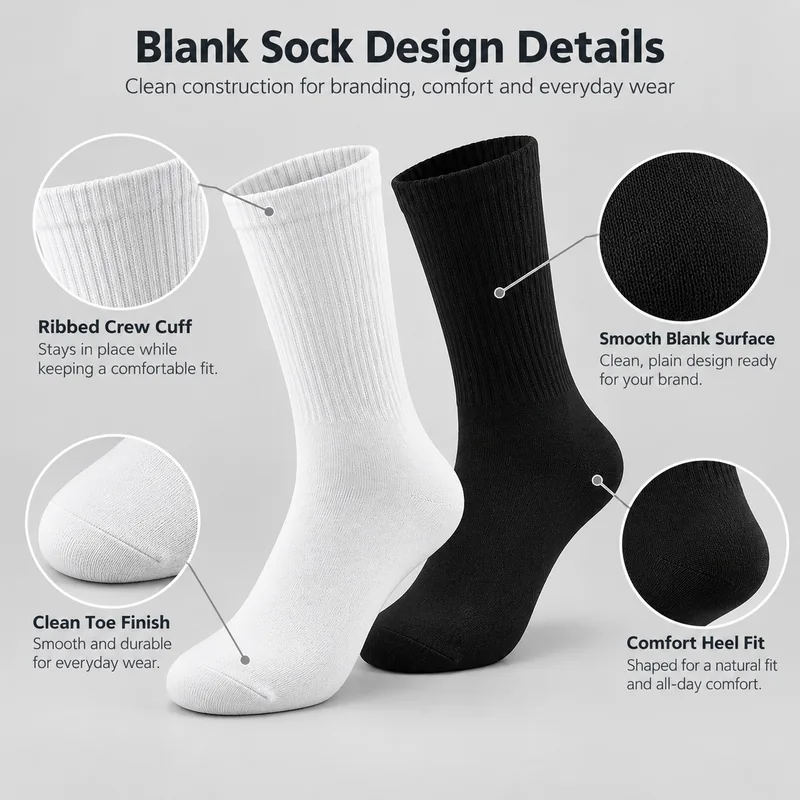 White and black blank crew socks with close-ups of ribbed cuffs, plain knit, toe finish and shaped heels