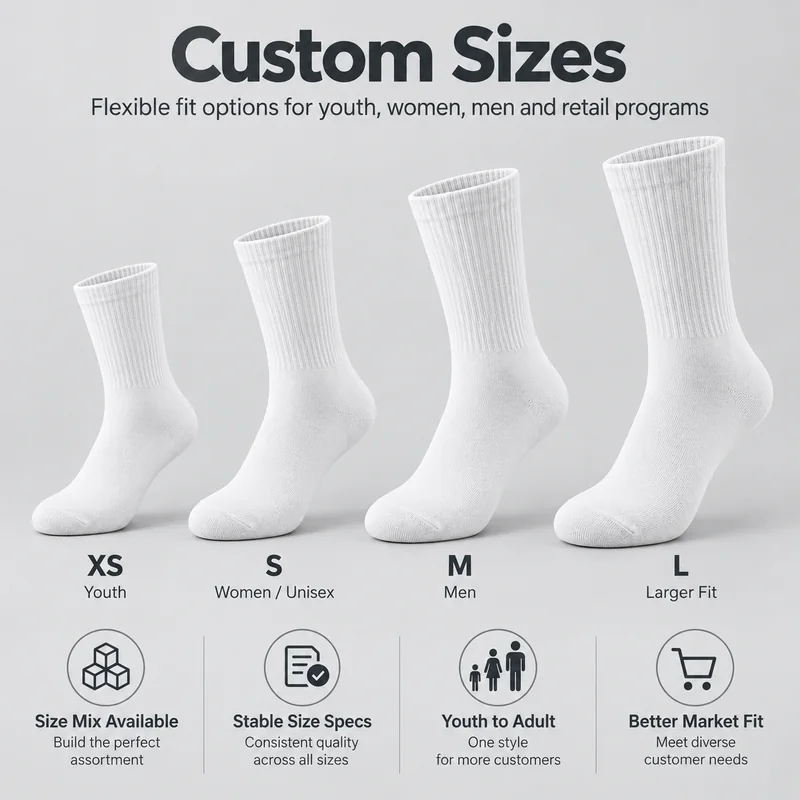 White blank crew socks with XS, S, M and L size-planning references