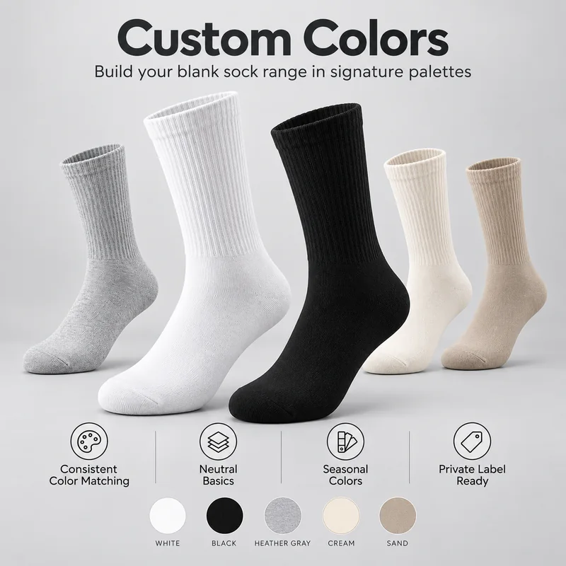 Blank crew socks in white, black, heather grey, cream and sand with neutral colour references