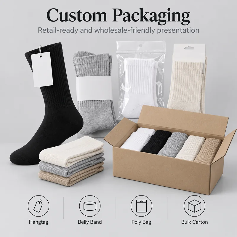 Blank ribbed crew socks with hangtag, belly band, clear polybag and bulk carton packaging examples