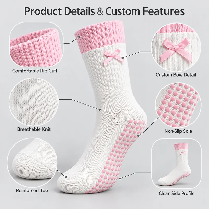 White crew grip sock with pink cuff, ribbon bow and pink round-dot grip, with close-ups of the ribbing, knit, toe and side profile