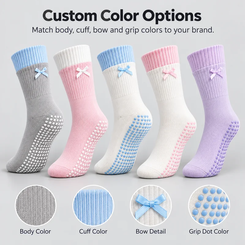 Grey and blue, pink and white, white and blue, white and pink, and lavender bow-detail grip socks with close-ups of body colour, cuff colour, ribbon bow and grip dots