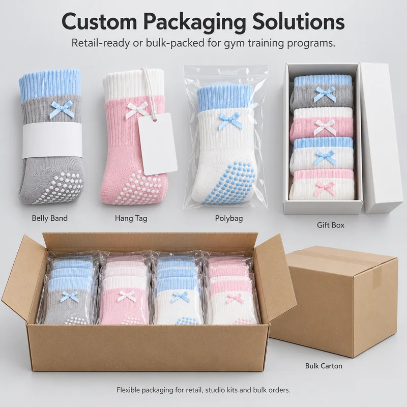 Bow-detail crew grip socks packed with belly band, hang tag, polybag and gift box, alongside individual bags arranged in a bulk carton
