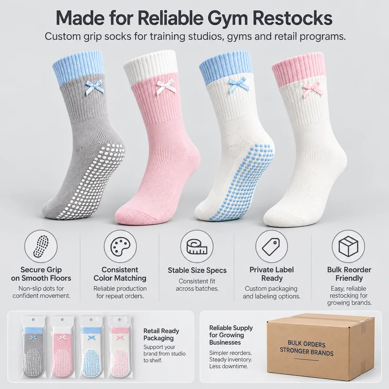 Four contrast-cuff bow grip socks with colour matching, sizing, private label and bulk reorder references, retail packs and a shipping carton