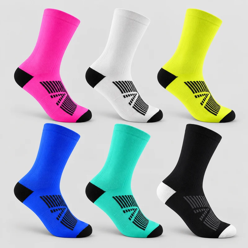 Crew cycling socks in pink, white, bright yellow, royal blue, turquoise and black with contrast heels and toes and a geometric arch graphic