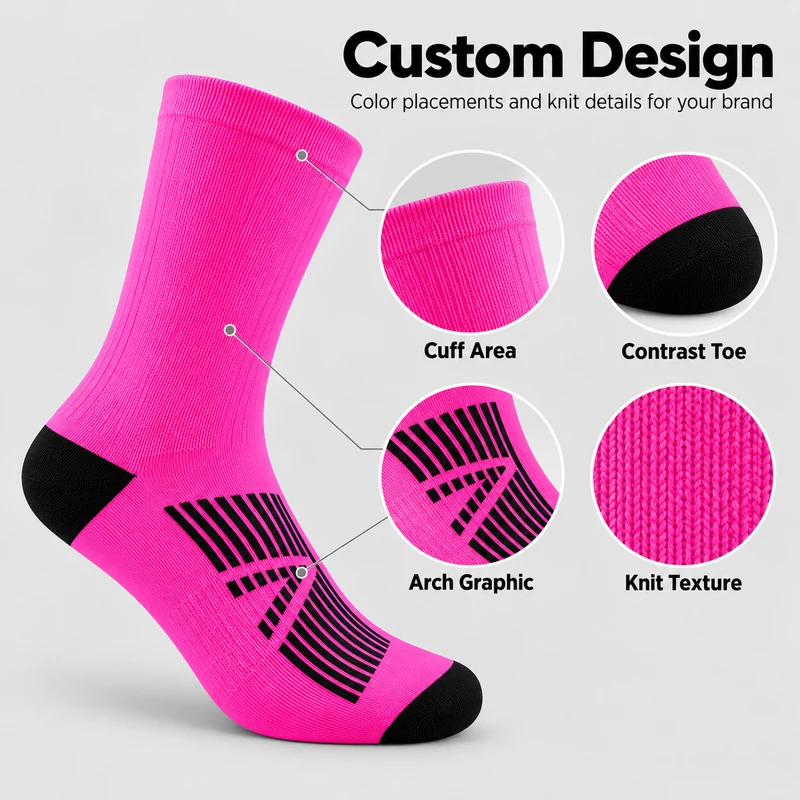 Pink crew sock with close-ups of the cuff, black contrast toe, geometric arch graphic and knit texture