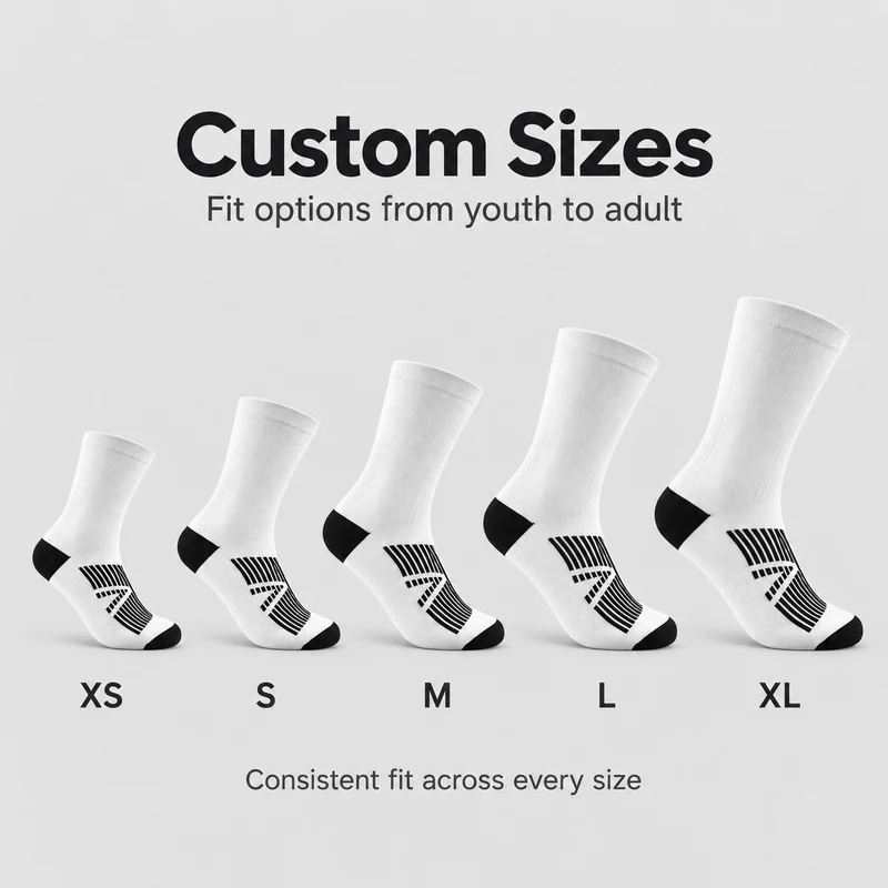 White contrast heel and toe crew socks with XS, S, M, L and XL size reference labels