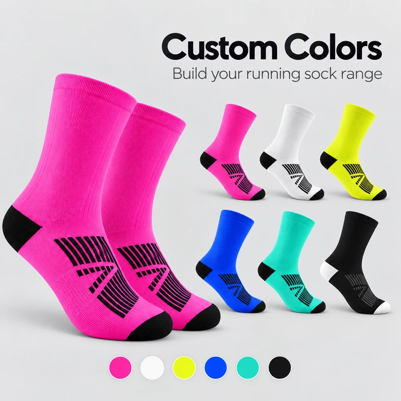 Pink contrast crew socks with white, bright yellow, royal blue, turquoise and black colour options