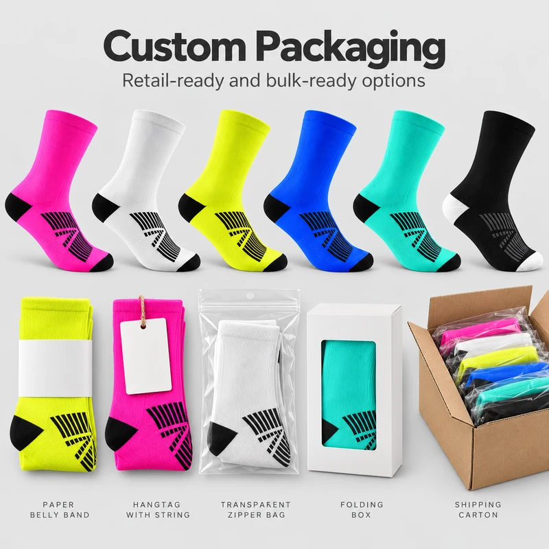Contrast crew socks with a paper belly band, hangtag, transparent zipper bag, folding box and shipping carton examples