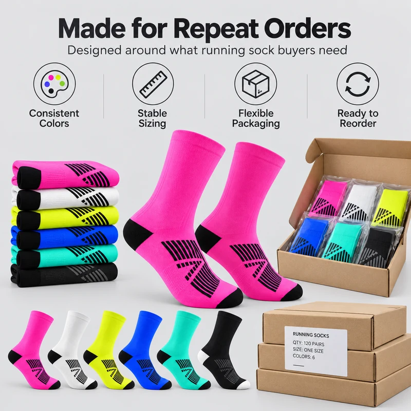 Contrast crew sock colour assortments with folded pairs, retail packs and an illustrative shipping carton for repeat orders