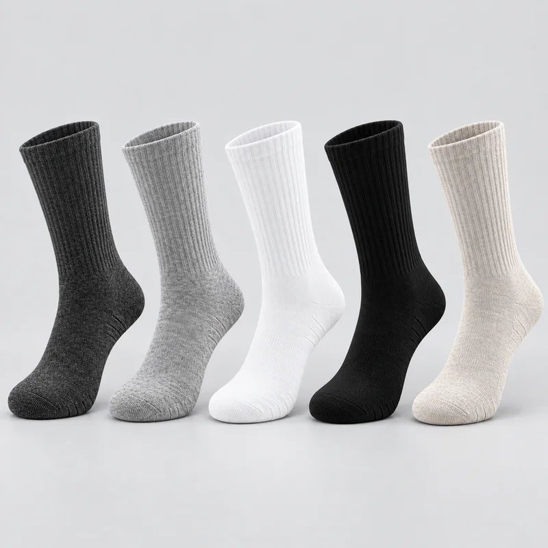 Five blank ribbed crew socks in charcoal heather, light heather grey, white, black and oatmeal
