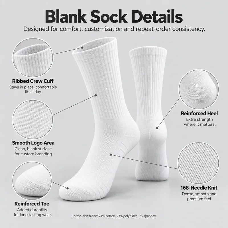 White blank crew socks with ribbed cuff, plain logo area, heel and toe details and a 168-needle cotton-blend reference